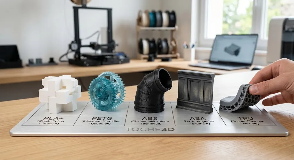 Échantillons de pièces imprimées en 3D en PLA+, PETG, ABS, ASA et TPU