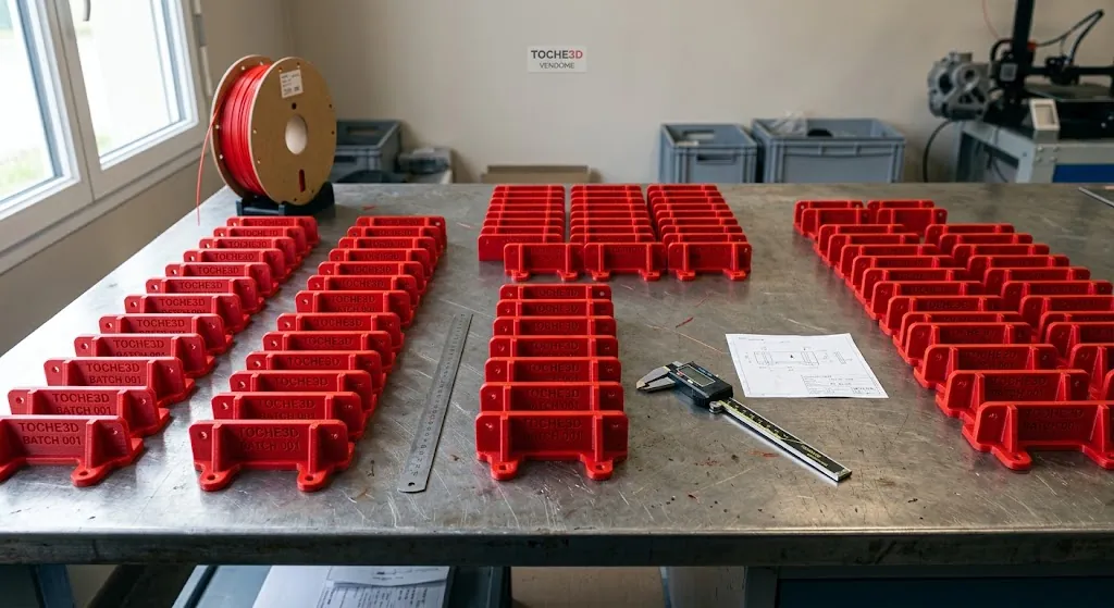 Petite série de pièces techniques rouges imprimées en 3D avec plan coté et pied à coulisse