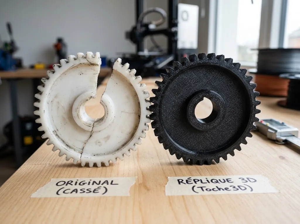 Engrenage en plastique cassé à côté de sa réplique imprimée en 3D