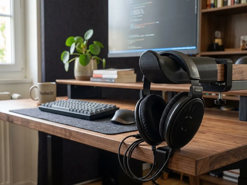 Support de casque audio sur mesure imprimé en 3D, fixé au bord d'un bureau